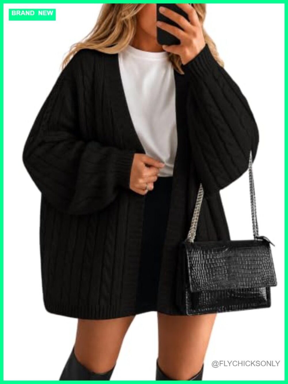 Oversized Cable Knit Cardigan Sweater Balloon Sleeve Open Front